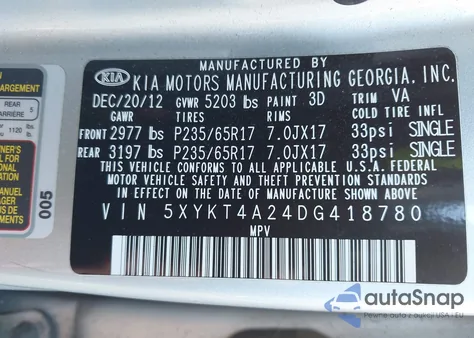 2013 Kia Sorento Lx V6 from USA, damaged, VIN 5XYKT4A24DG418780